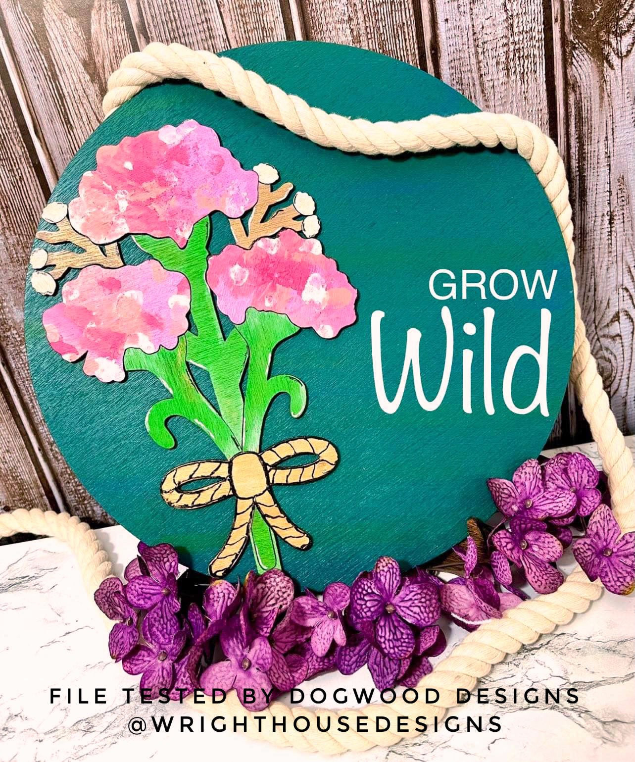 Carnation Bouquet Shelf Sitter Round - Spring Floral Sign Making and DIY Kits - Single Line Cut File For Glowforge Laser - Digital SVG File