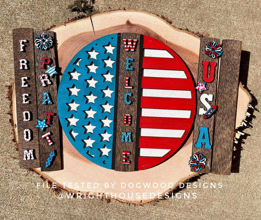 Interchangeable American Flag Summer Door Hanger Round - Sign Making and DIY Kits - Cut File For Glowforge Lasers - Digital SVG File