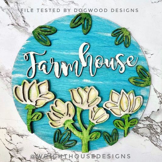 Magnolia Farmhouse Spring Florals Shelf Sitter - Seasonal Sign Making and DIY Kits - Cut File For Glowforge Lasers - Digital SVG File