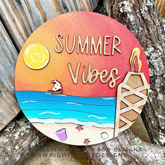 Summer Vibes Tiki Bonfire Beach Door Hanger Round - Sign Making and DIY Kits - Cut File For Glowforge Lasers - Digital SVG File