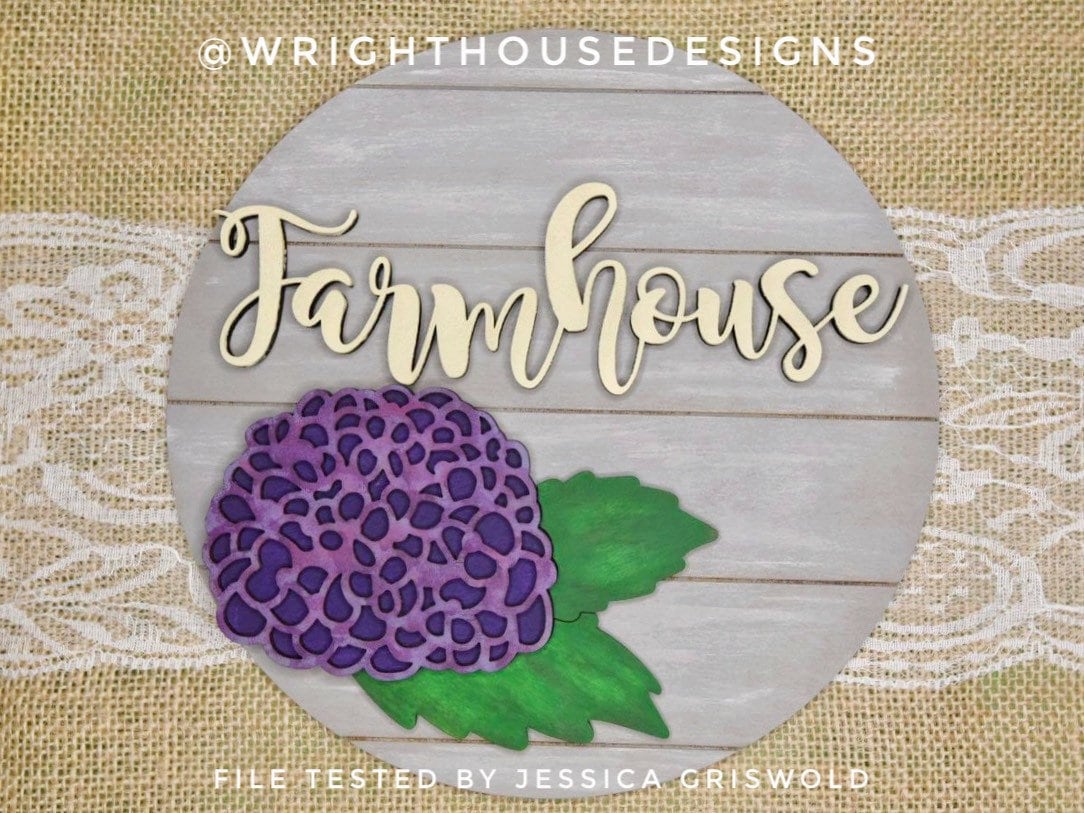 Hydrangea Simple Floral Shelf Sitter Sign - Round Sign Making and DIY Kits - Beginner Cut File For Glowforge Lasers - Digital SVG File