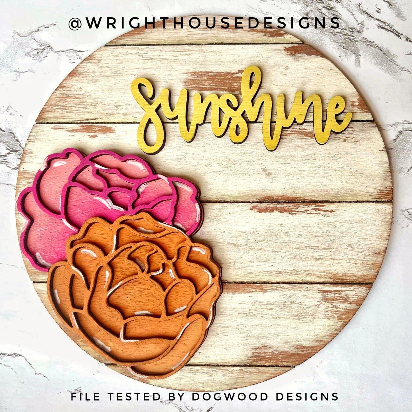 Peony Simple Floral Shelf Sitter Sign - Round Sign Making and DIY Kits - Beginner Cut File For Glowforge Lasers - Digital SVG File