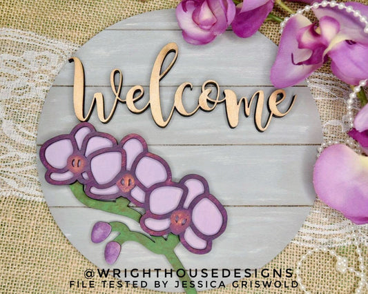 Orchid Simple Floral Shelf Sitter Sign - Round Sign Making and DIY Kits - Beginner Cut File For Glowforge Lasers - Digital SVG File