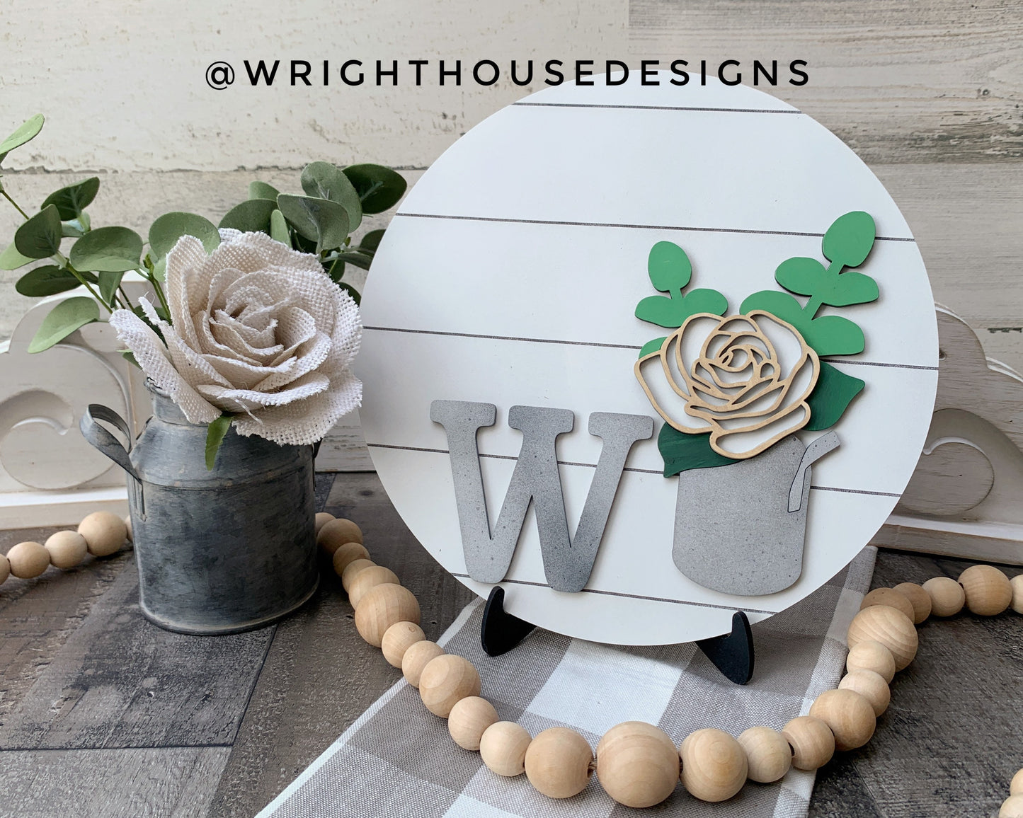 Rustic Farmhouse Rose and Eucalyptus Floral Shelf Sitter Round - Sign Making and DIY Kits - Cut File For Glowforge Lasers - Digital SVG File