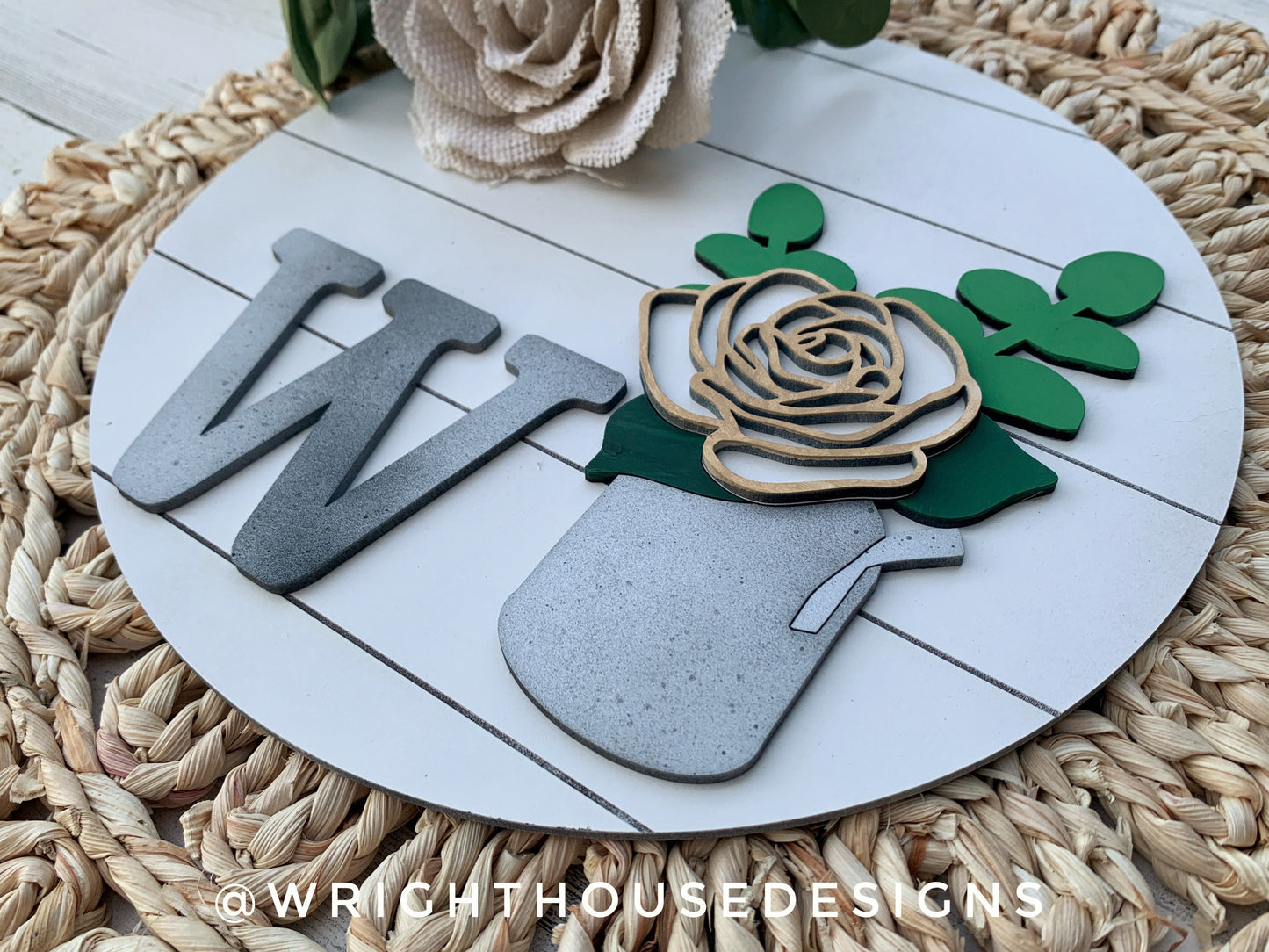 Rustic Farmhouse Rose and Eucalyptus Floral Shelf Sitter Round - Sign Making and DIY Kits - Cut File For Glowforge Lasers - Digital SVG File