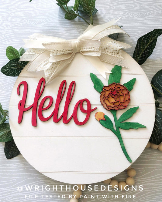 Marigold Simple Floral Shelf Sitter Sign - Round Sign Making and DIY Kits - Beginner Cut File For Glowforge Lasers - Digital SVG File