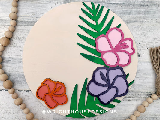 Tropical Hibiscus Palms Summer Door Hanger - Floral Sign Making and DIY Kits - Single Line Cut File For Glowforge Laser - Digital SVG File