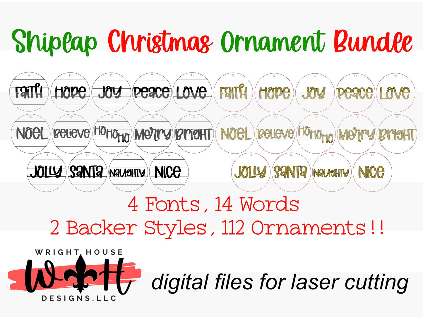 Farmhouse Style Shiplap Christmas Rounds Ornament Bundle - Choose A Welded Font - Quick Cut File For Glowforge Lasers - Digital SVG File