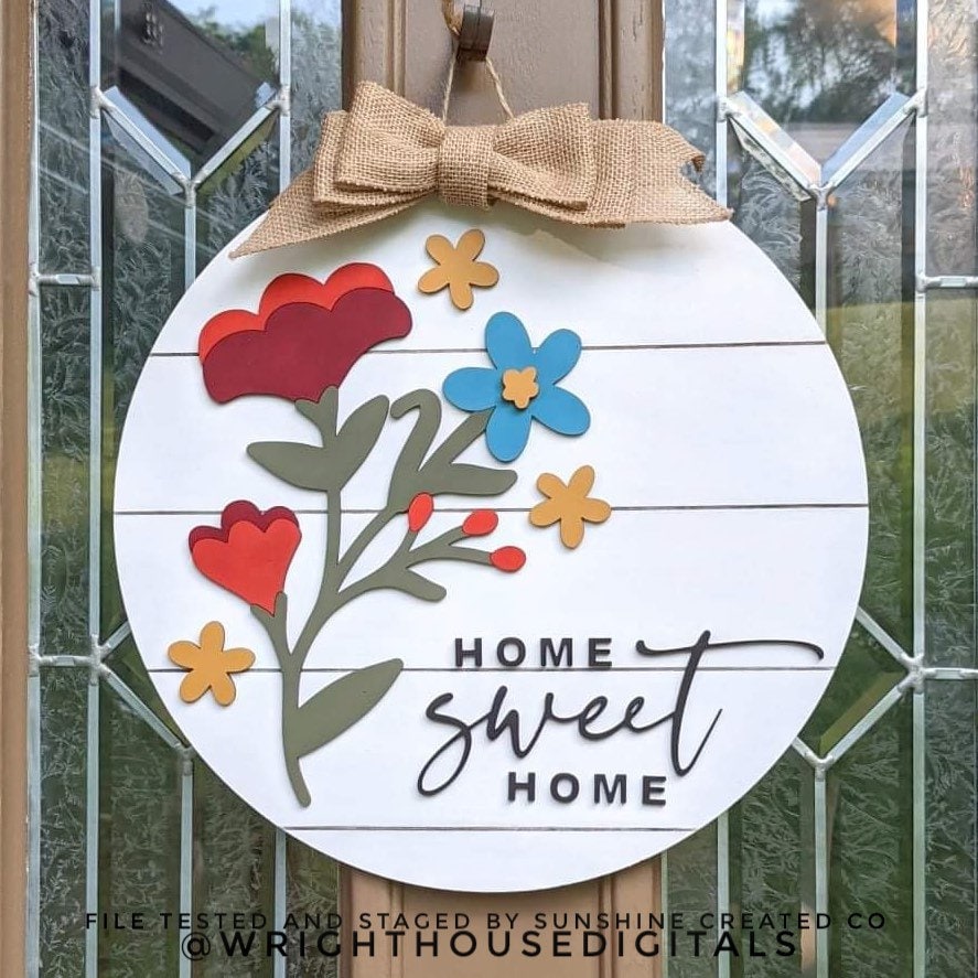 Stacy Wildflowers Door Hanger Round - Spring Floral Sign Making and DIY Kits - Single Line Cut File For Glowforge Laser - Digital SVG File