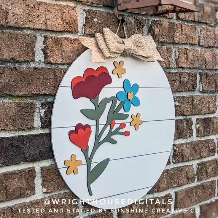 Stacy Wildflowers Door Hanger Round - Spring Floral Sign Making and DIY Kits - Single Line Cut File For Glowforge Laser - Digital SVG File