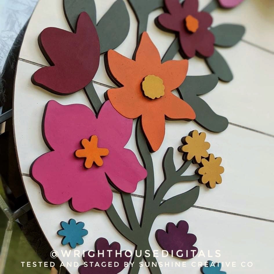 Daniela Wildflowers Door Hanger Round - Spring Floral Sign Making and DIY Kits - Single Line Cut File For Glowforge Laser - Digital SVG File