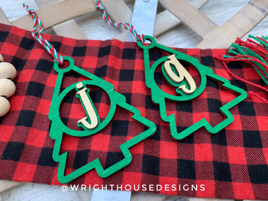 Pine Tree Monogram Stocking Tags Christmas Ornament Bundle - Quick Cut Gift Bag Tag Set - Cut File For Glowforge Lasers - Digital SVG File