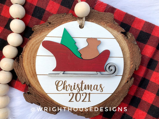 Holiday Icons Santa Sleigh and Pine Tree - Modern Farmhouse Mini Ornament Set - Personalizable Cut File For Glowforge - Digital SVG File