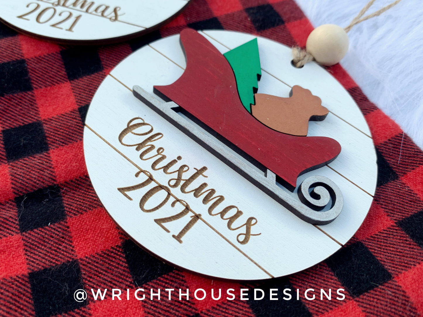 Holiday Icons Santa Sleigh and Pine Tree - Modern Farmhouse Mini Ornament Set - Personalizable Cut File For Glowforge - Digital SVG File