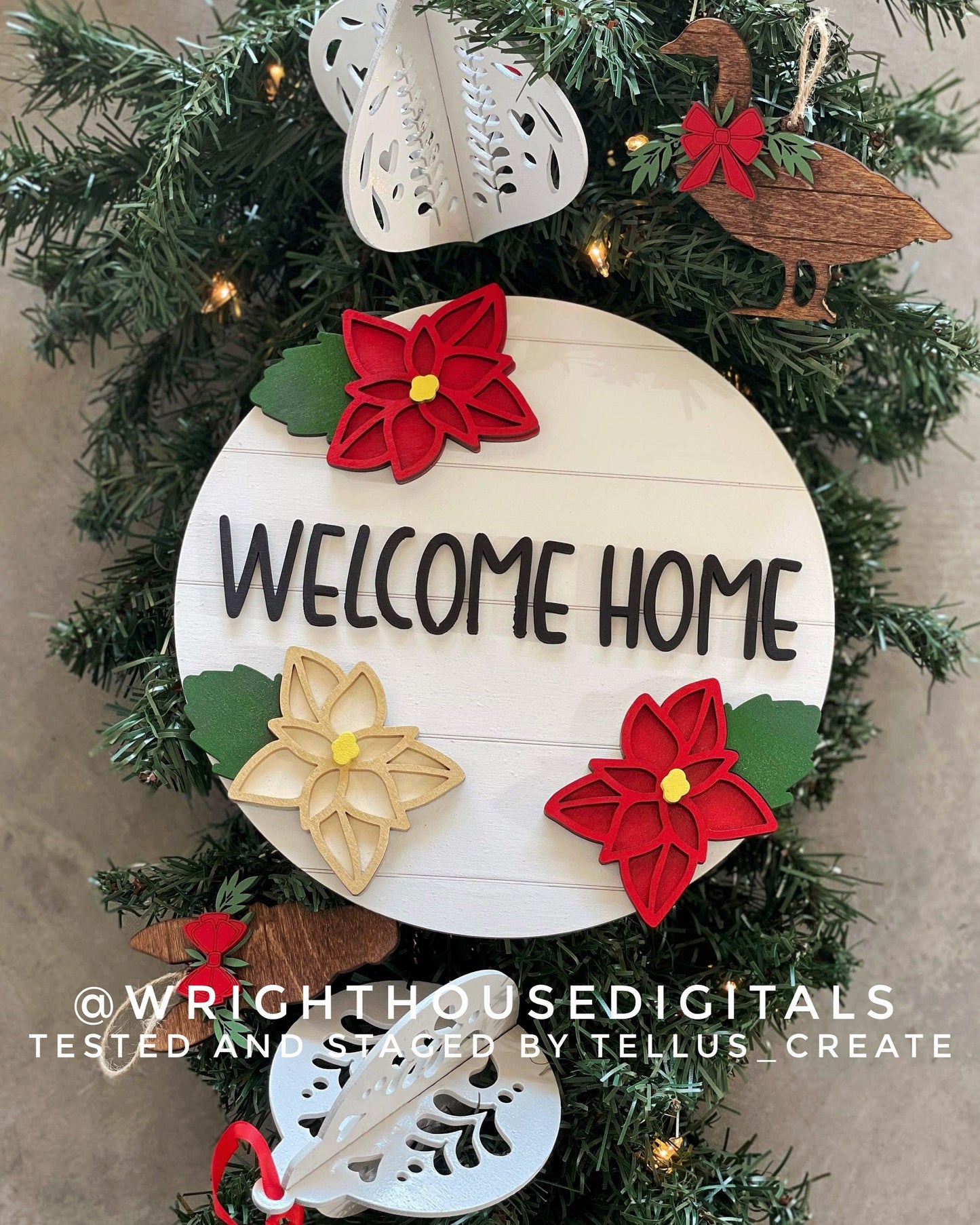 Poinsettia Christmas Welcome Home Floral Round - Sign Making and DIY Kits - Single Line Cut File For Glowforge Lasers - Digital SVG File