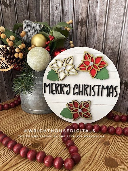 Poinsettia Christmas Welcome Home Floral Round - Sign Making and DIY Kits - Single Line Cut File For Glowforge Lasers - Digital SVG File