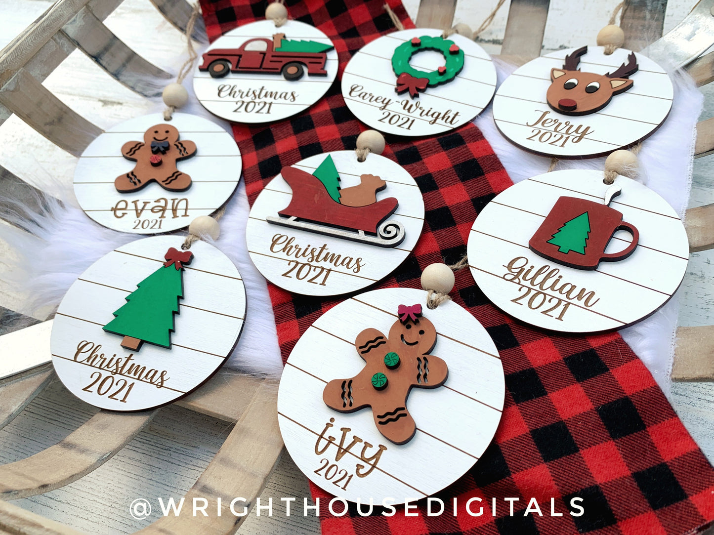 Holiday Icons Ornament Bundle - Personalizable Modern Farmhouse Christmas Ornaments - Cut File For Glowforge Lasers - Digital SVG File