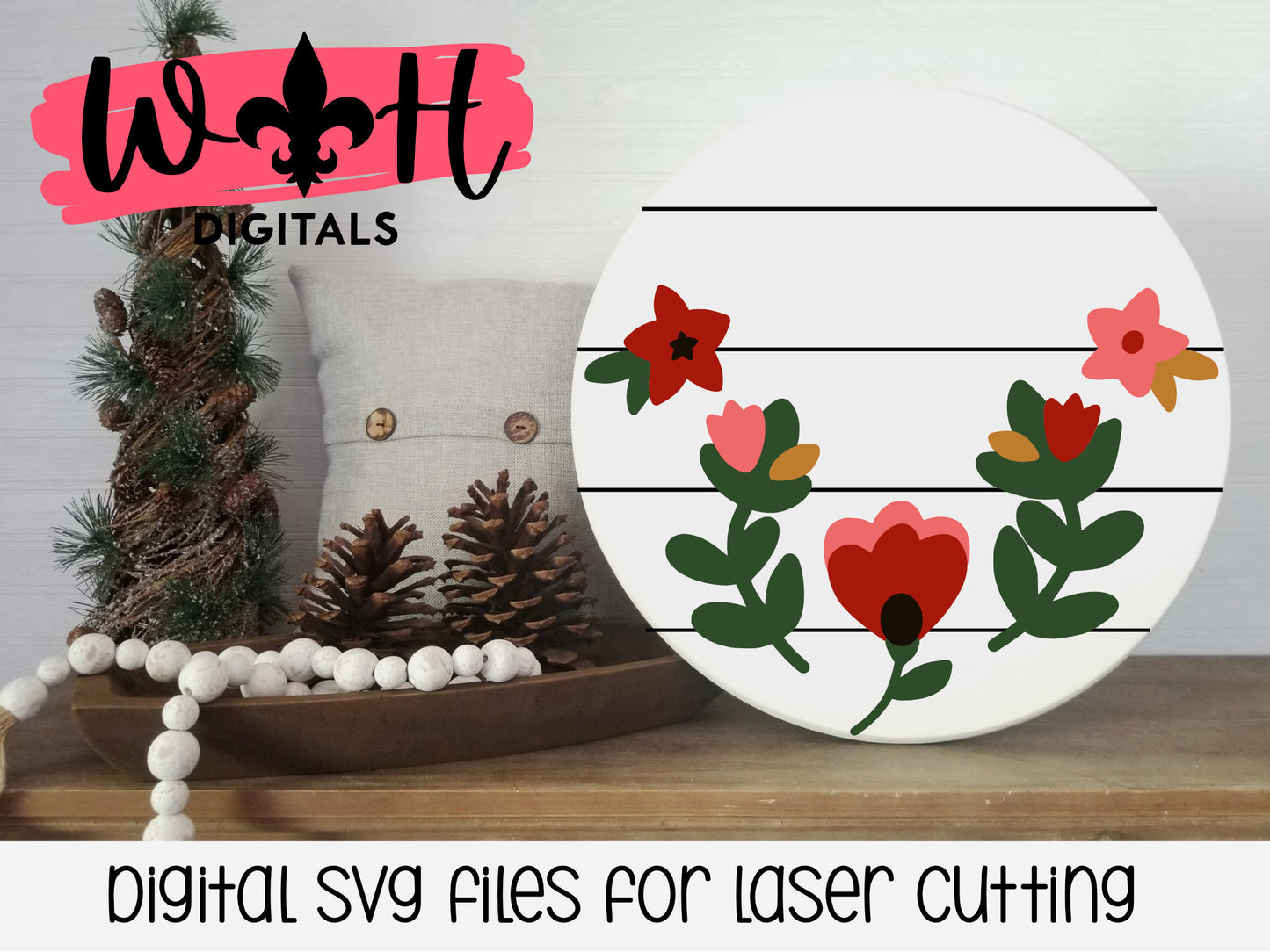 Christmas Poinsettia Blooms Floral Round - Seasonal Sign Making and DIY Kits - Single Line Cut File For Glowforge Lasers - Digital SVG File