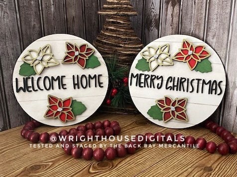 Poinsettia Christmas Welcome Home Floral Round - Sign Making and DIY Kits - Single Line Cut File For Glowforge Lasers - Digital SVG File