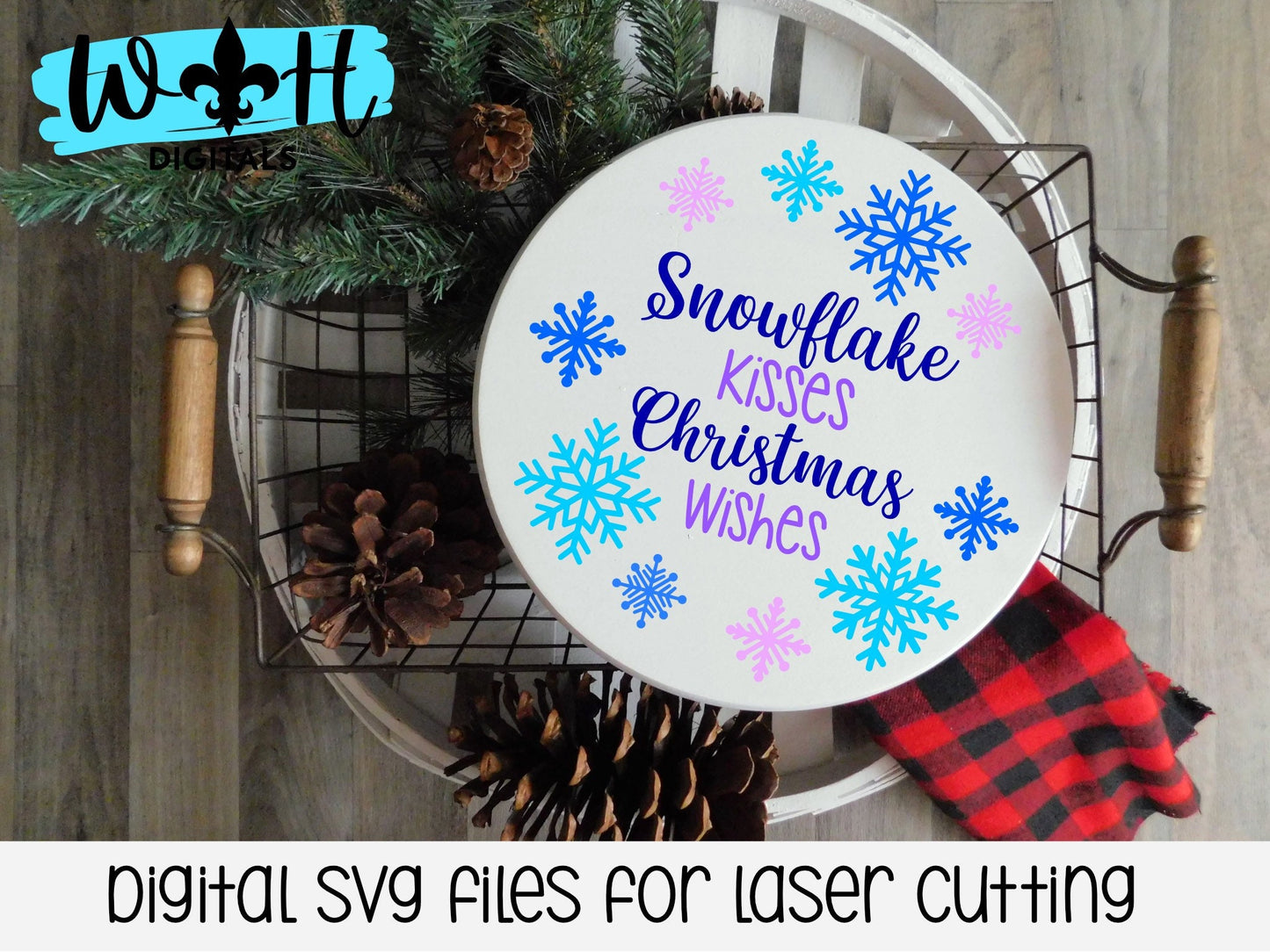 Snowflake Kisses Christmas Wishes Winter Door Hanger Round - Sign Making and DIY Kits - Cut File For Glowforge Lasers - Digital SVG File