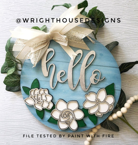 Hello Gardenia Florals - Seasonal Shelf Sitter - Spring Sign Making and DIY Kits - Layered Cut File For Glowforge Laser - Digital SVG File