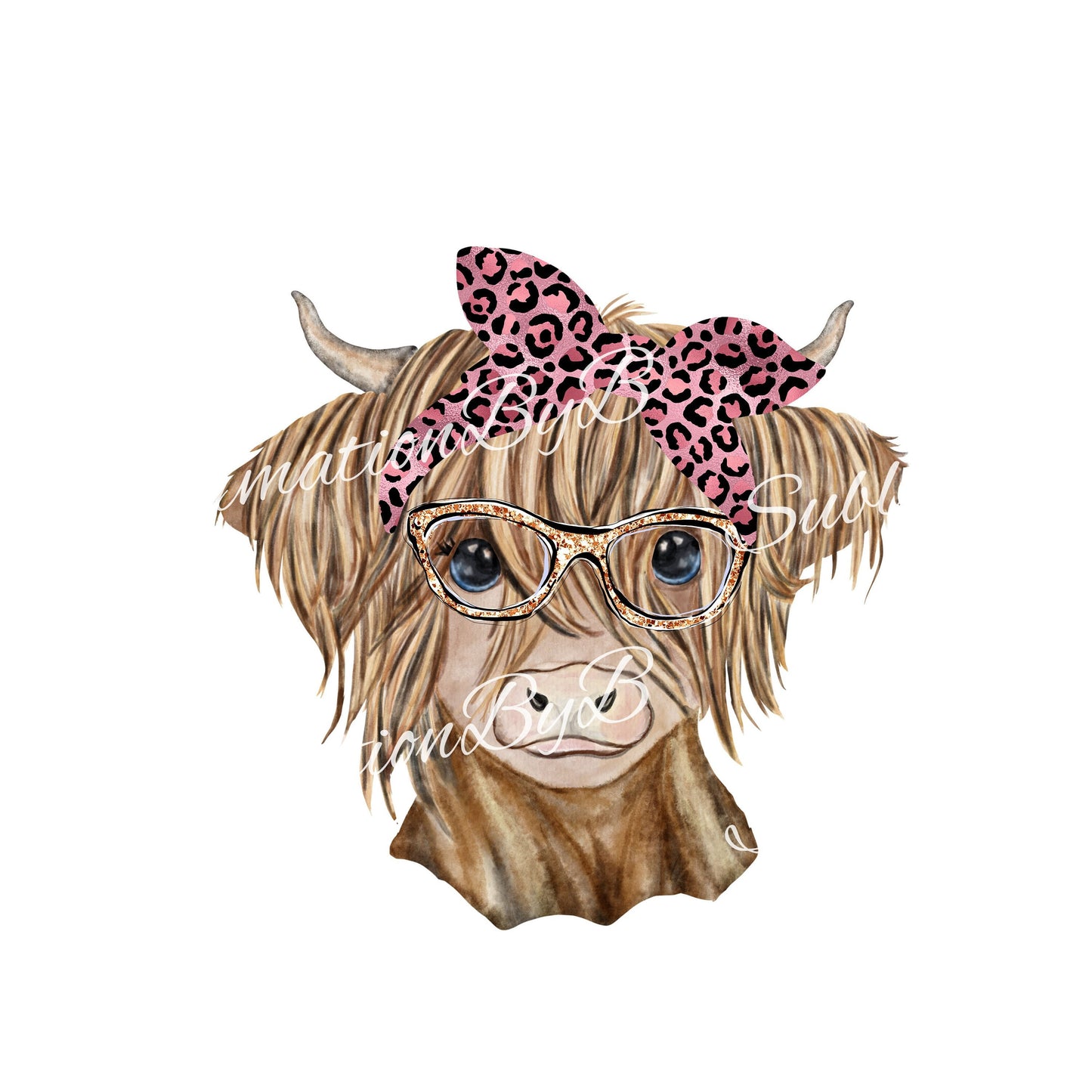 Heifer Sublimation Design with pink headand PNG, Cool Buffalo Sublimation Design Download, Highland Cow Sublimation Design, Leopard headband