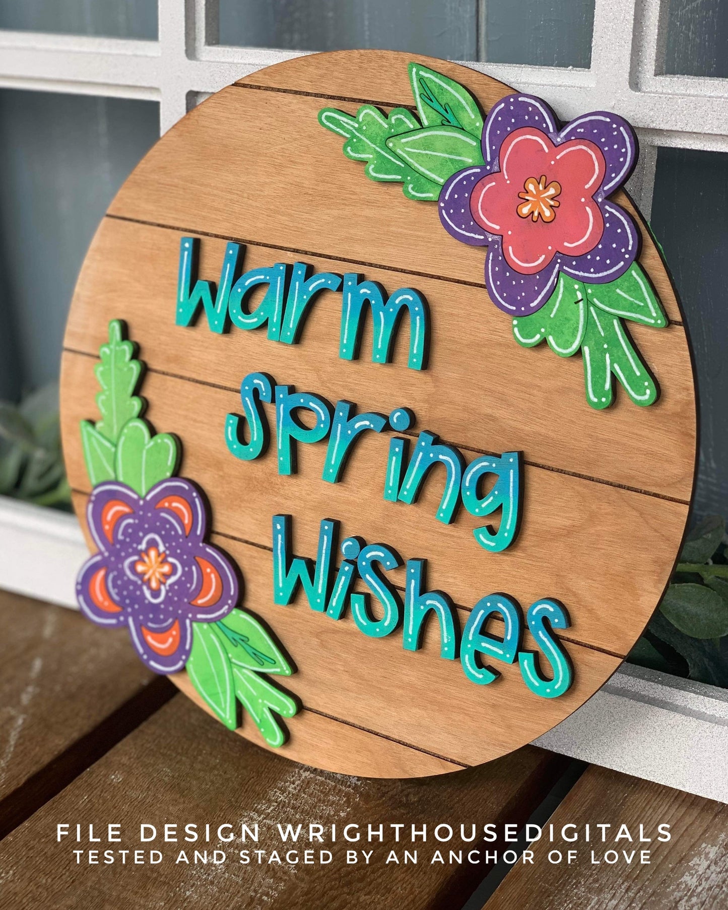 Warm Spring Wishes Floral Door Hanger Round - Spring Floral Sign Making and DIY Kits - Cut File For Glowforge Laser - Digital SVG File