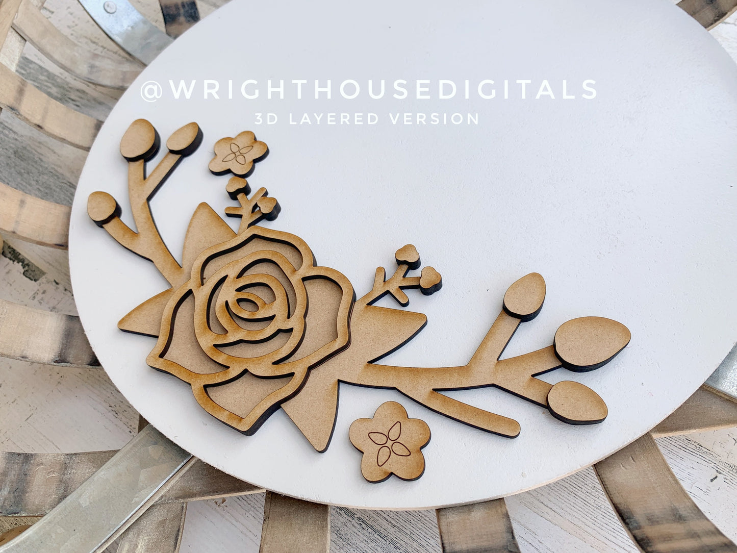 Spring Rose and Rosebud Door Hanger Round - Spring Floral Sign Making and DIY Kits - Cut File For Glowforge Laser - Digital SVG File