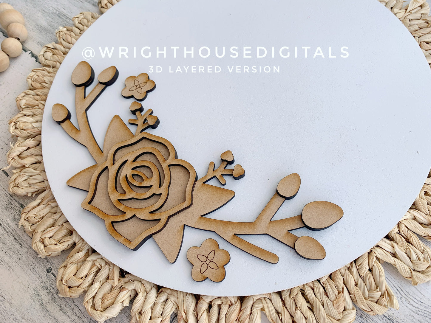 Spring Rose and Rosebud Door Hanger Round - Spring Floral Sign Making and DIY Kits - Cut File For Glowforge Laser - Digital SVG File