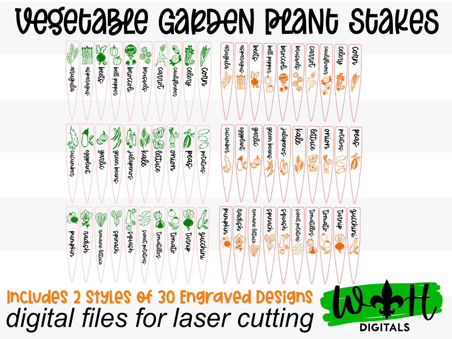 Vegetable Plant Stakes For Gardening and Seed Cultivation Organization - Handdrawn Engraved File For Glowforge Laser - Digital SVG File