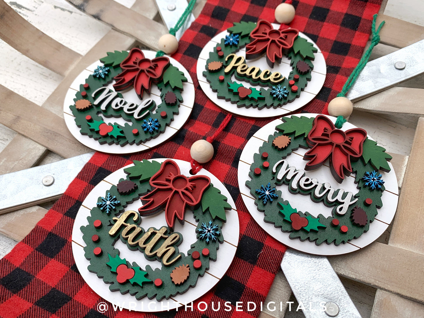 Layered Christmas Word Wreath Ornament Set - Faith Merry Peace Noel - Handdrawn Cut File For Glowforge Lasers - Digital SVG File