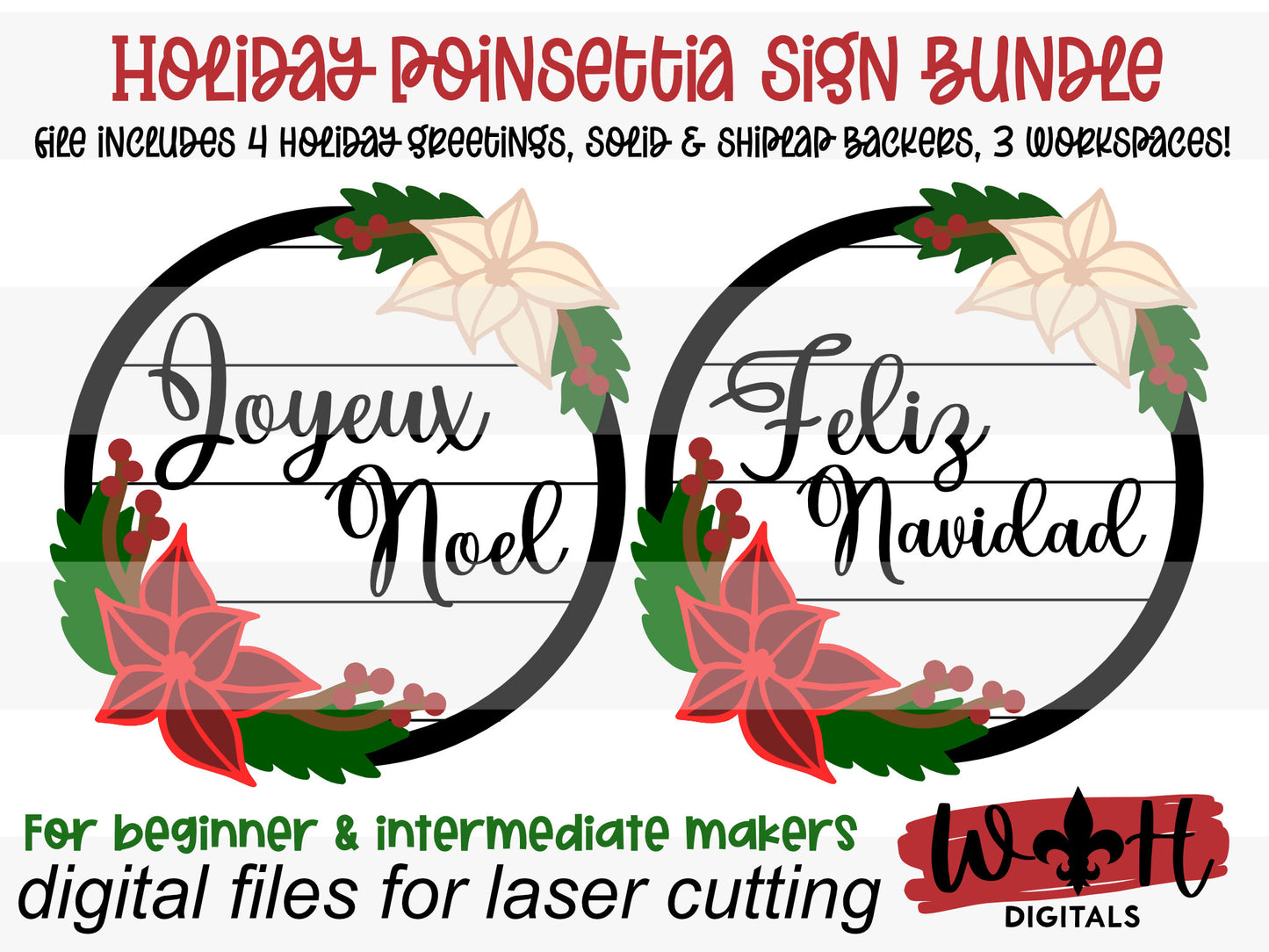 Holiday Poinsettia Floral Sign Bundle - Christmas Sign Making and DIY Kits - Single Line Cut File For Glowforge Lasers - Digital SVG File