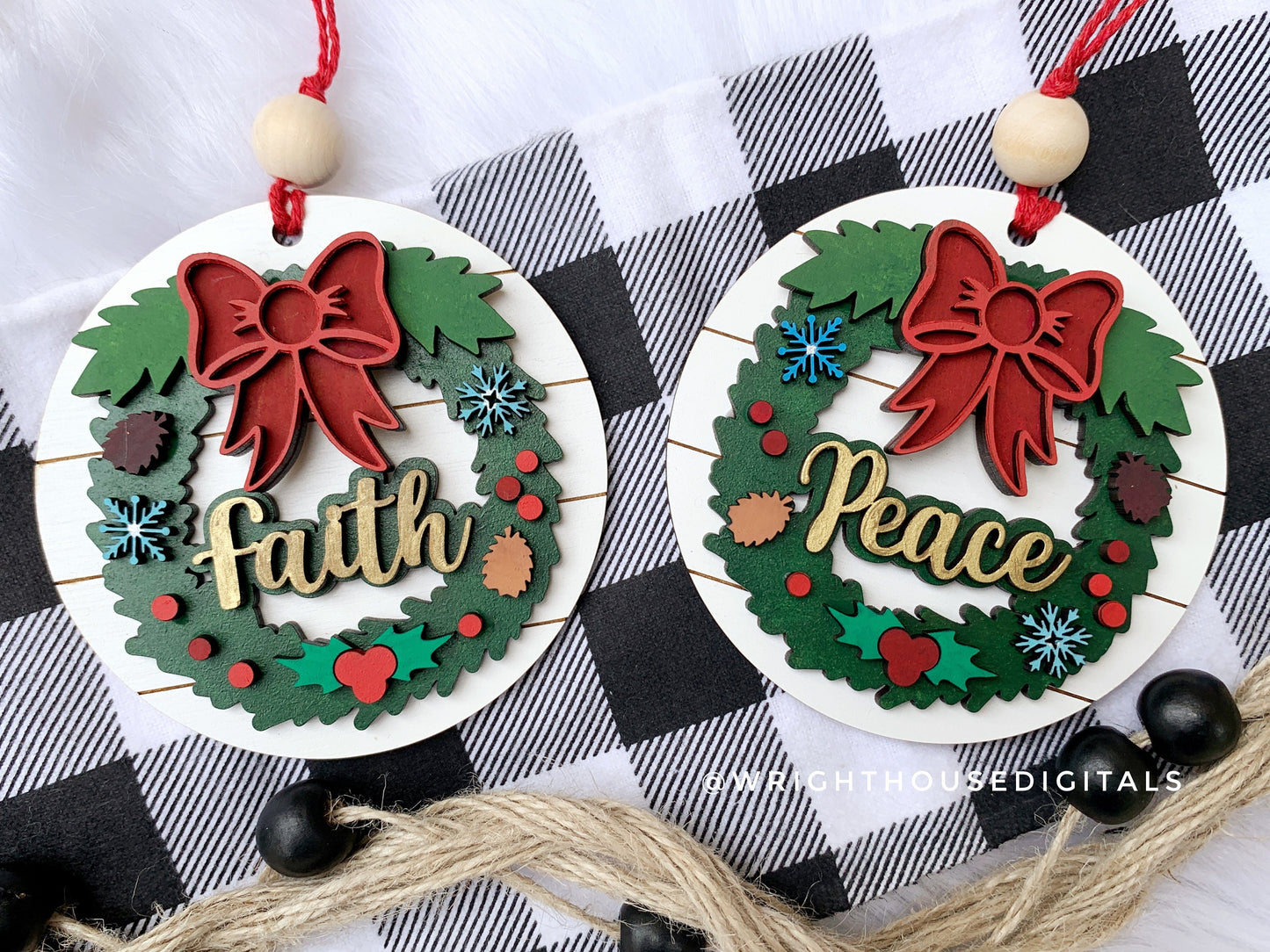 Layered Christmas Word Wreath Ornament Set - Faith Merry Peace Noel - Handdrawn Cut File For Glowforge Lasers - Digital SVG File