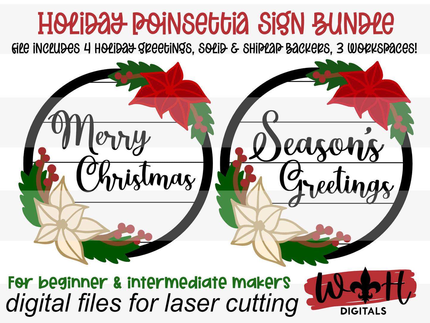 Holiday Poinsettia Floral Sign Bundle - Christmas Sign Making and DIY Kits - Single Line Cut File For Glowforge Lasers - Digital SVG File