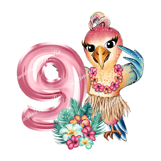 Cute Tropical Parrot Birthday Sublimation Design PNG, 9th Birthday Animal Sublimation Designs Download, Adorable Sublimation Design