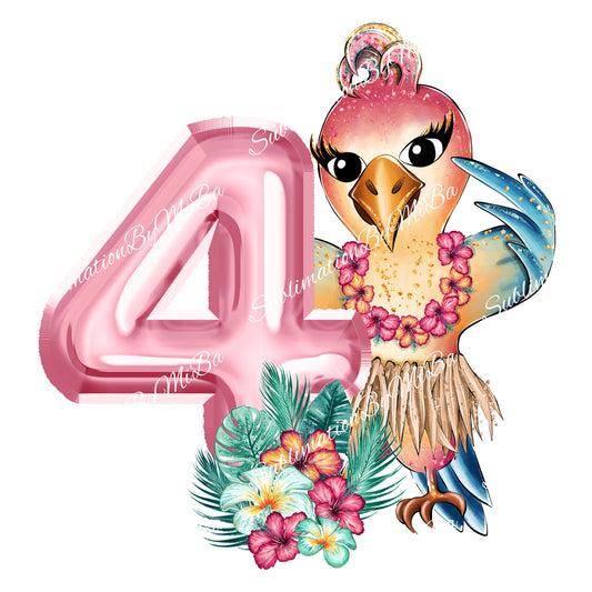Cute Tropical Parrot Birthday Sublimation Design PNG, 4th Birthday Animal Sublimation Designs Download, Adorable Sublimation Design