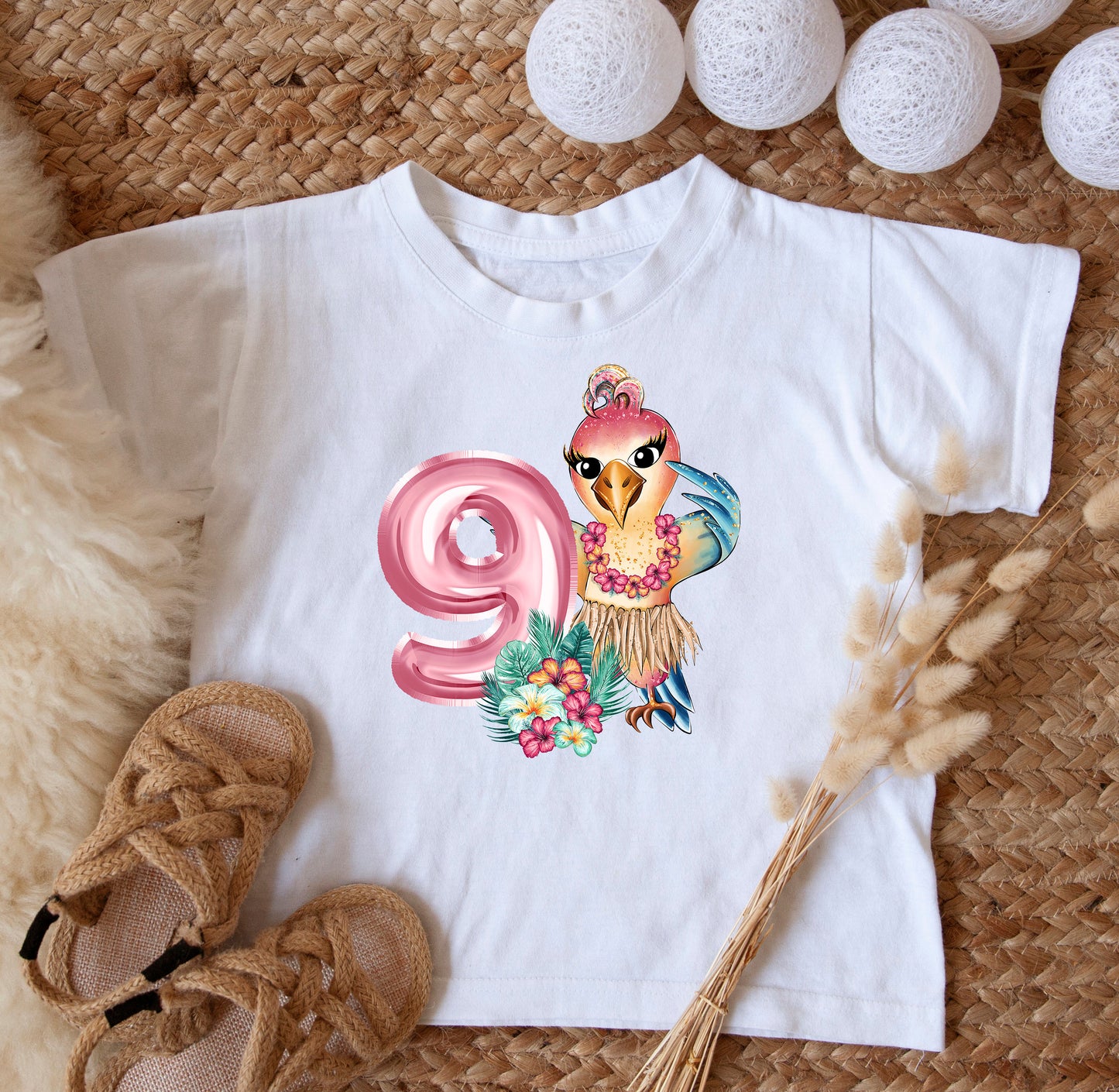 Cute Tropical 9th Birthday Sublimation Design PNG, Cool clipart Sublimation Designs Download, Cutest Aloha Parrot Sublimation Design