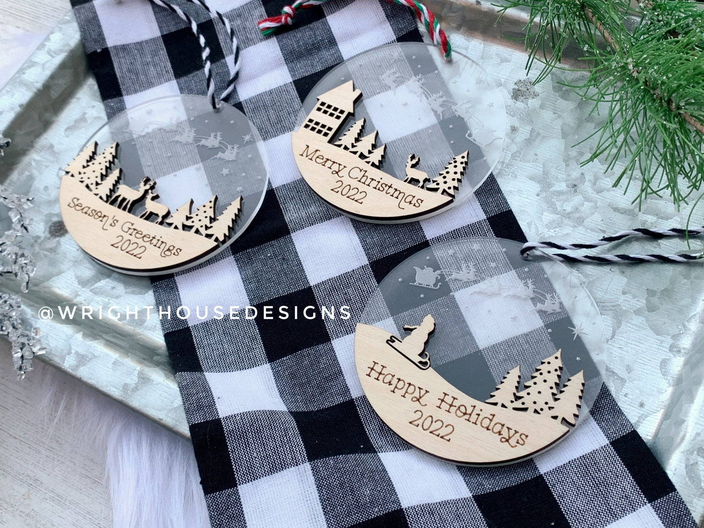 Santa's Sleigh Winter Layered Christmas Ornament Set - Engraved Personalized Christmas Ornaments - Cut File For Glowforge - Digital SVG File