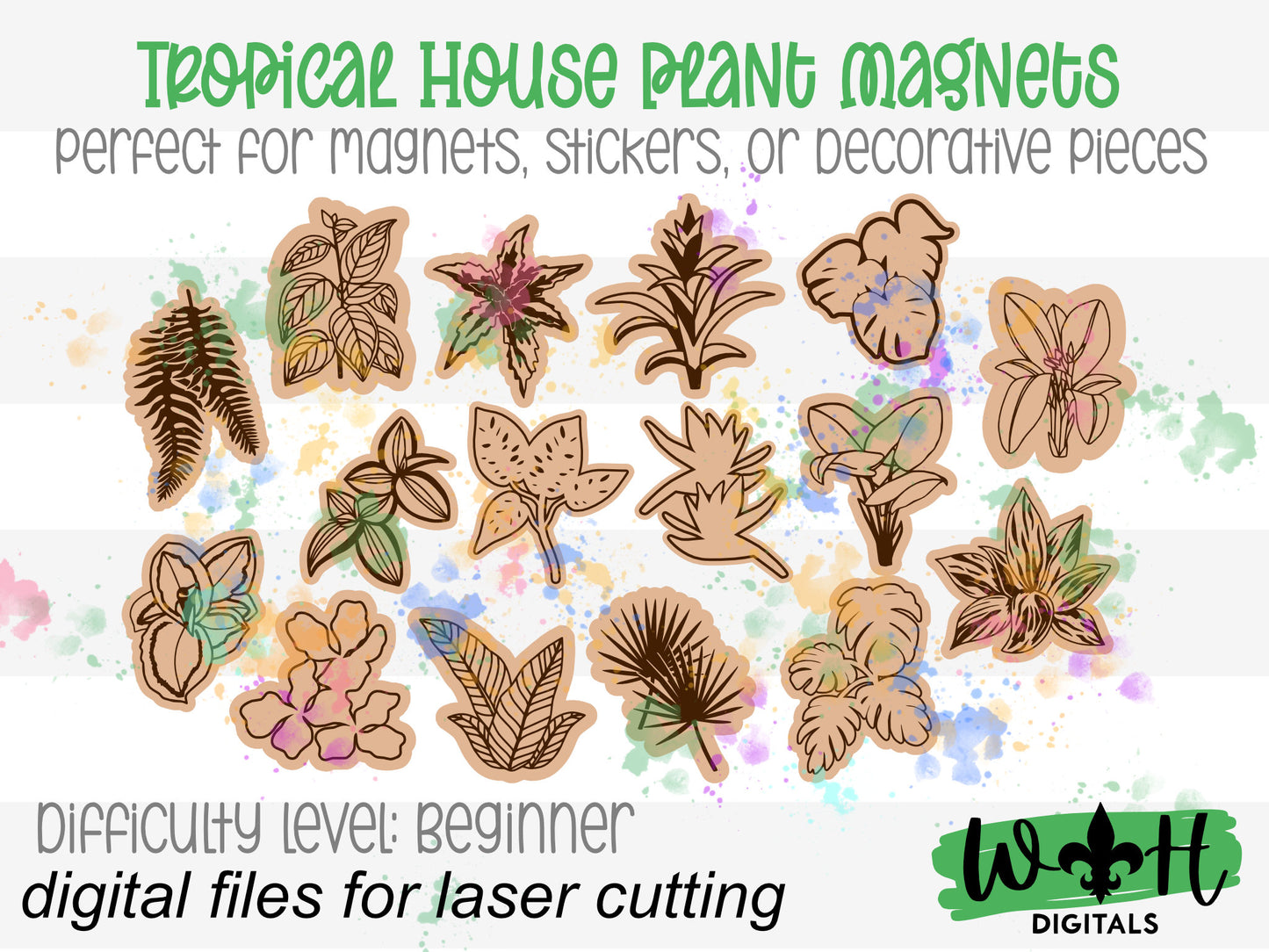 Tropical House Plant Magnets Scrap Busters - Handdrawn Tiered Tray Decor and DIY Kits - Beginner File For Glowforge Laser - Digital SVG File