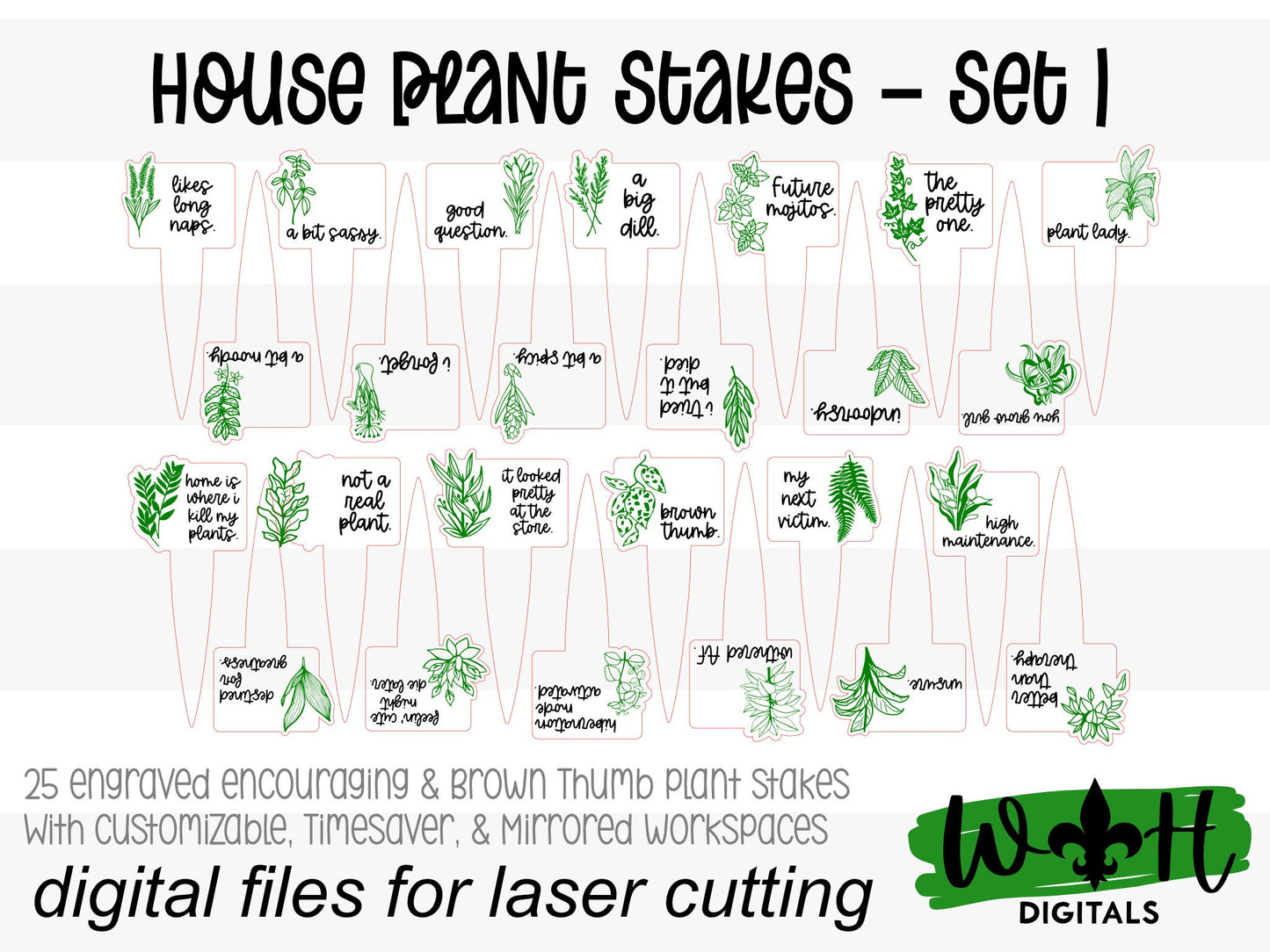 Funny Potted House Plant Stakes Set 1 - Garden and Seed Cultivation Organization - Handdrawn Engraved File For Glowforge - Digital SVG File