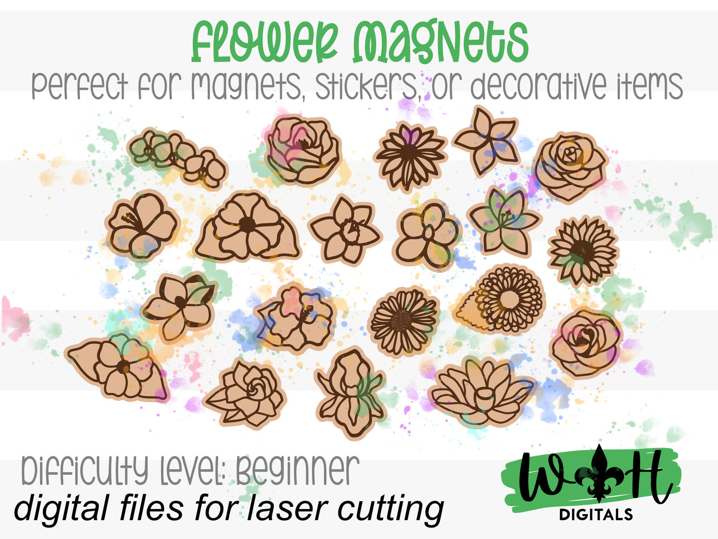 Flower Magnets Scrap Busters - Handdrawn Florals For Tiered Tray Decor and DIY Kits - Beginner File For Glowforge Laser - Digital SVG File