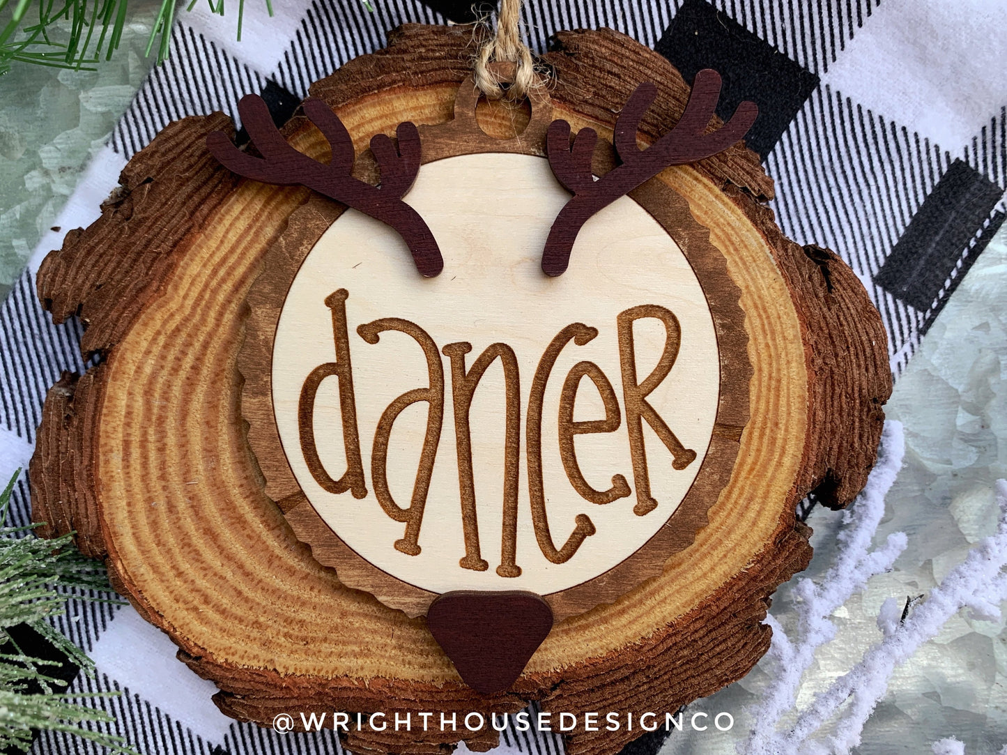 Reindeer Name Wood Slice Rustic Christmas Layered Ornament Set - Quick Cut and Engrave - Cut File For Glowforge Lasers - Digital SVG File