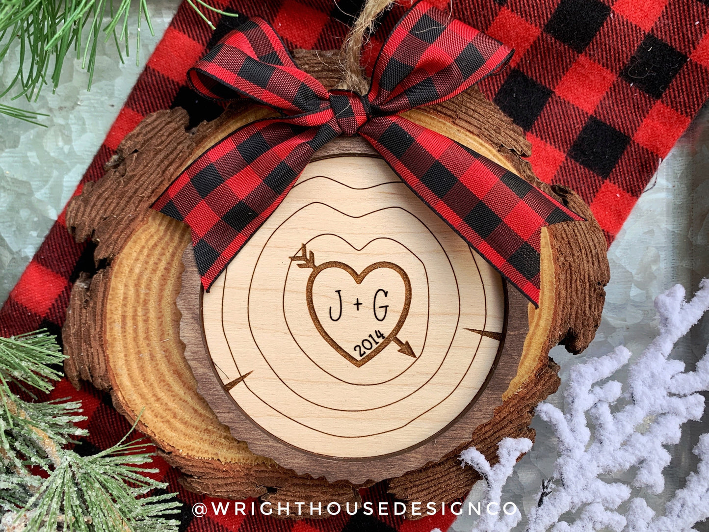 Carved Initial Wood Slice Rustic Christmas Ornaments - Score and Engraved Personalizable - Cut File For Glowforge Lasers - Digital SVG File