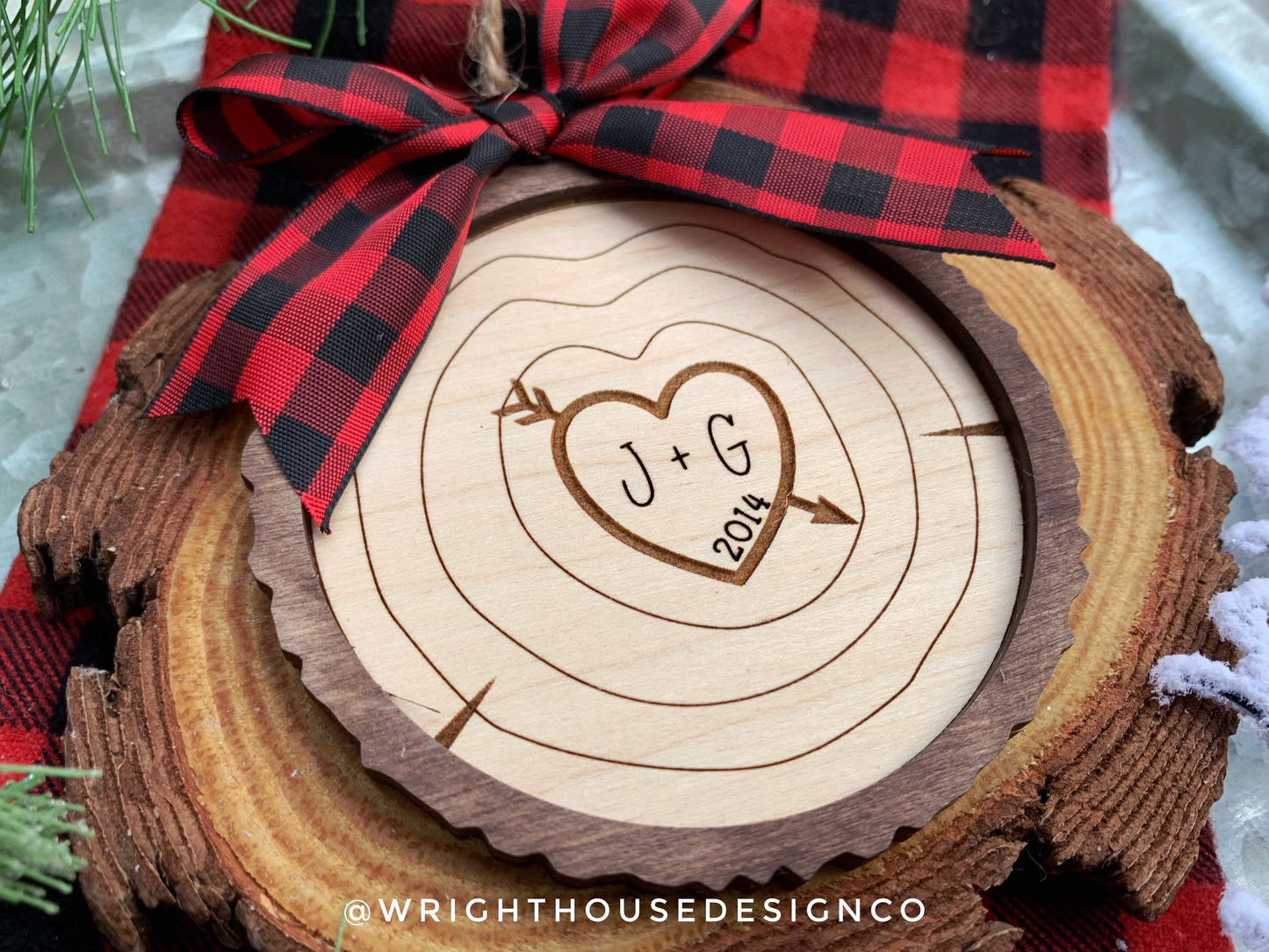 Carved Initial Wood Slice Rustic Christmas Ornaments - Score and Engraved Personalizable - Cut File For Glowforge Lasers - Digital SVG File