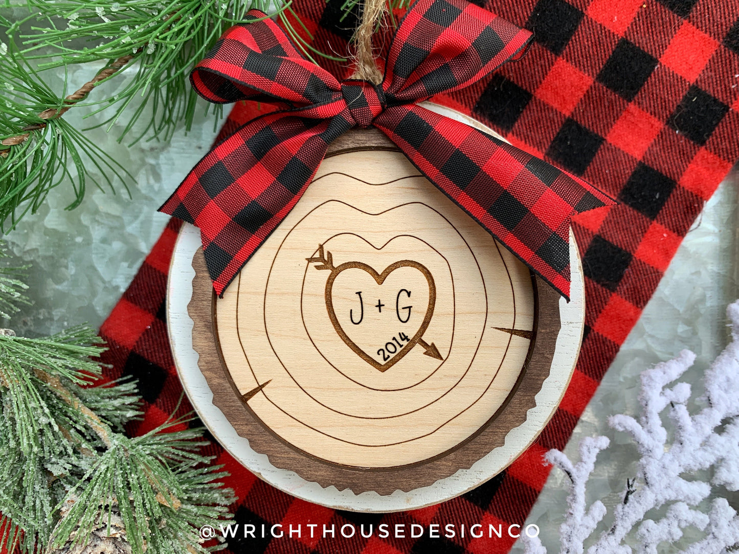 Carved Initial Wood Slice Rustic Christmas Ornaments - Score and Engraved Personalizable - Cut File For Glowforge Lasers - Digital SVG File