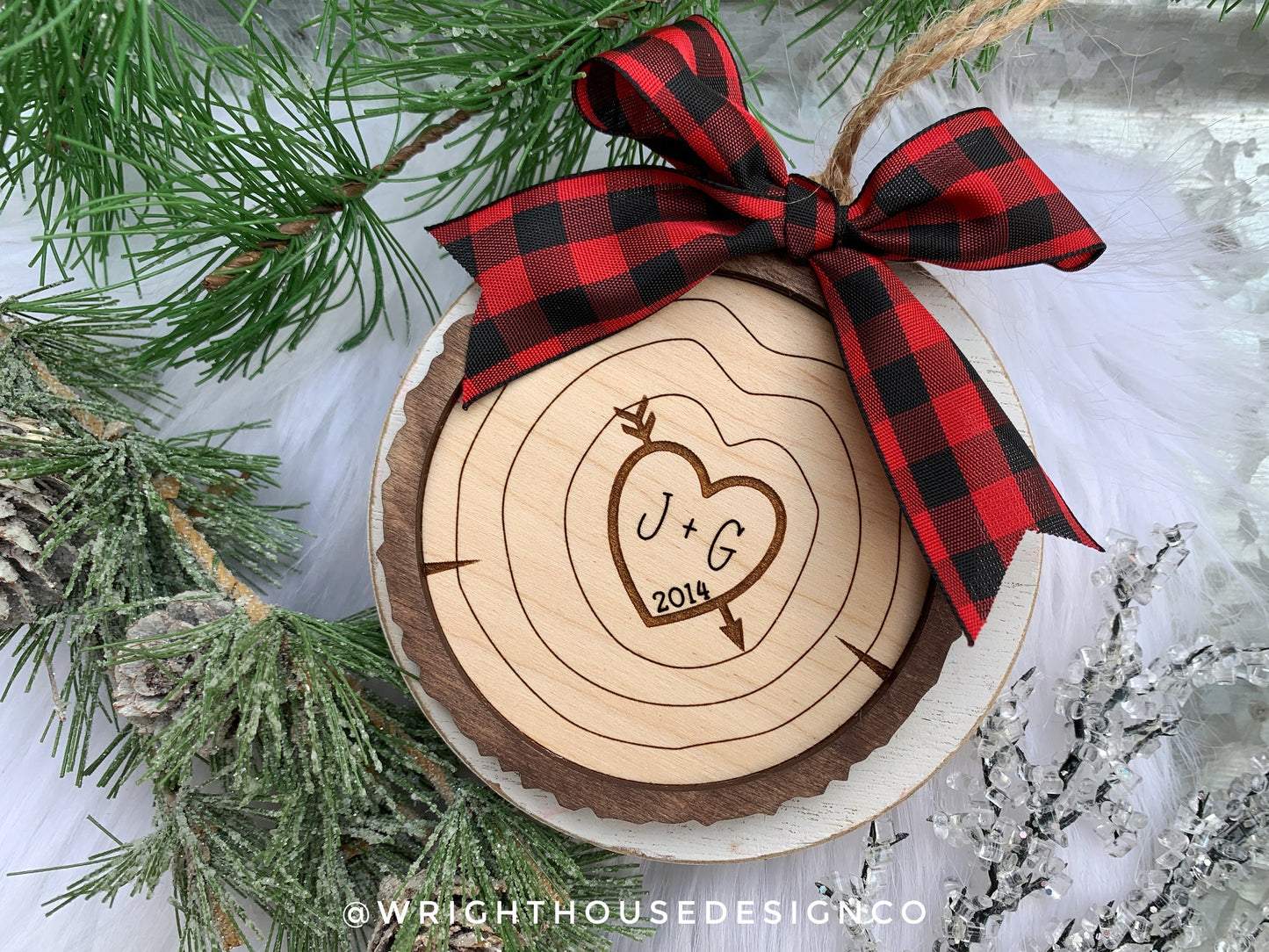 Carved Initial Wood Slice Rustic Christmas Ornaments - Score and Engraved Personalizable - Cut File For Glowforge Lasers - Digital SVG File