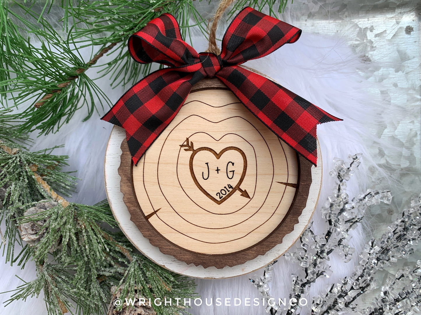 Carved Initial Wood Slice Rustic Christmas Ornaments - Score and Engraved Personalizable - Cut File For Glowforge Lasers - Digital SVG File