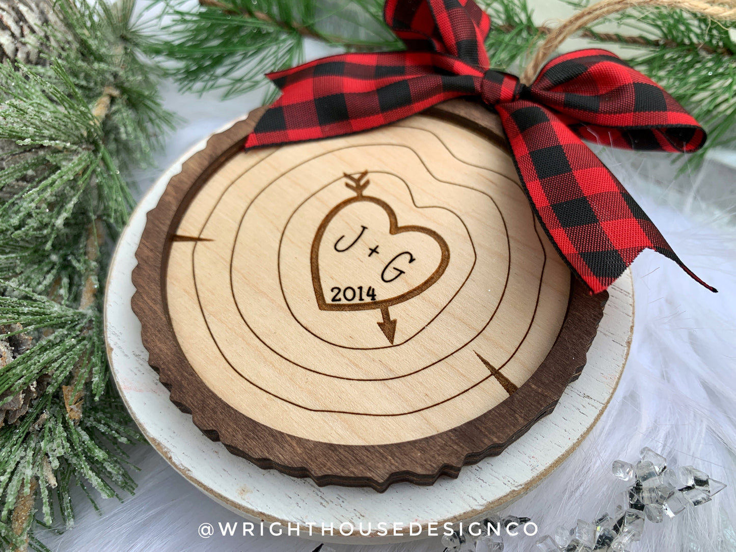 Carved Initial Wood Slice Rustic Christmas Ornaments - Score and Engraved Personalizable - Cut File For Glowforge Lasers - Digital SVG File