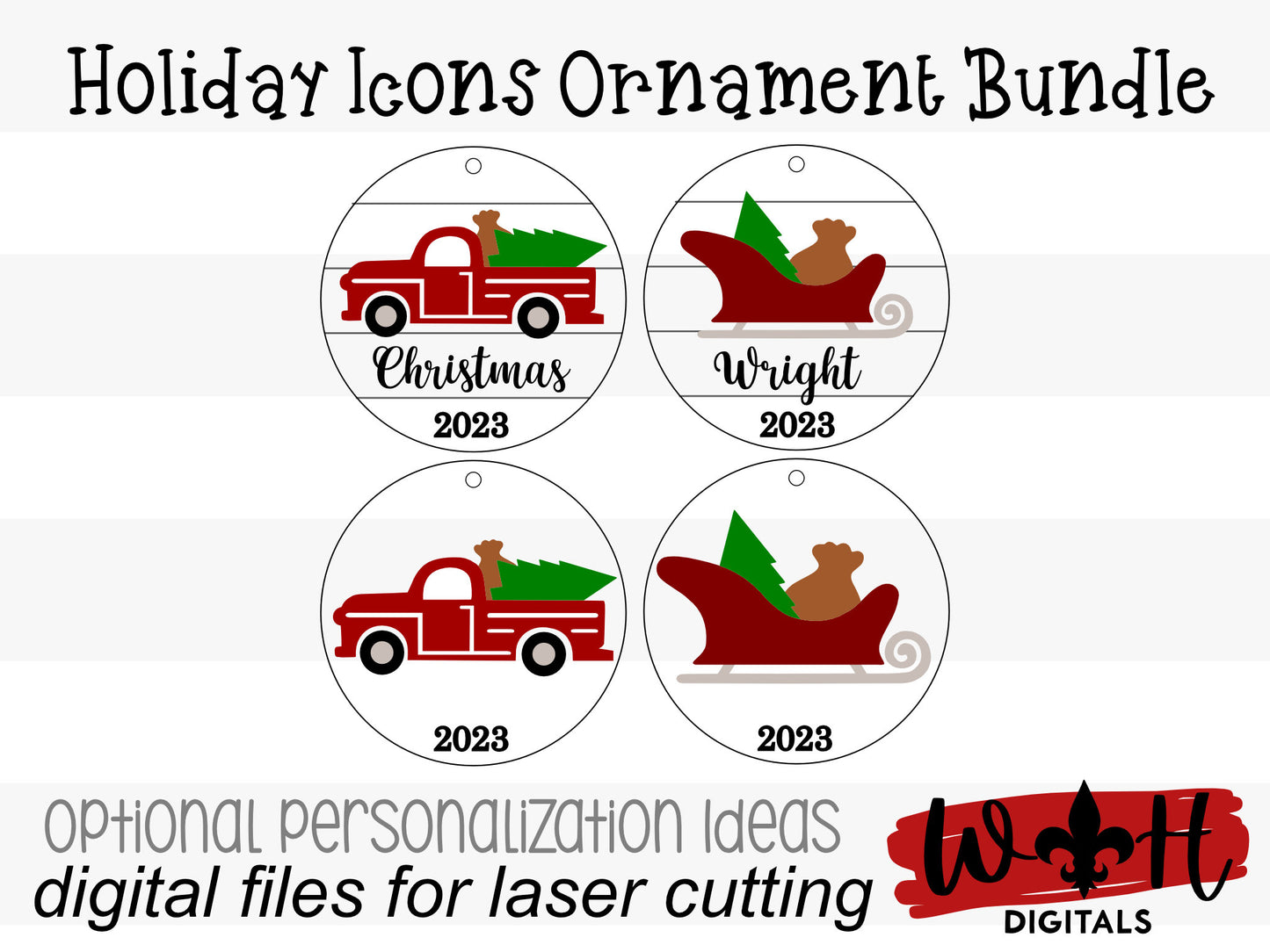 Holiday Icons Ornament Bundle - Personalizable Modern Farmhouse Christmas Ornaments - Cut File For Glowforge Lasers - Digital SVG File