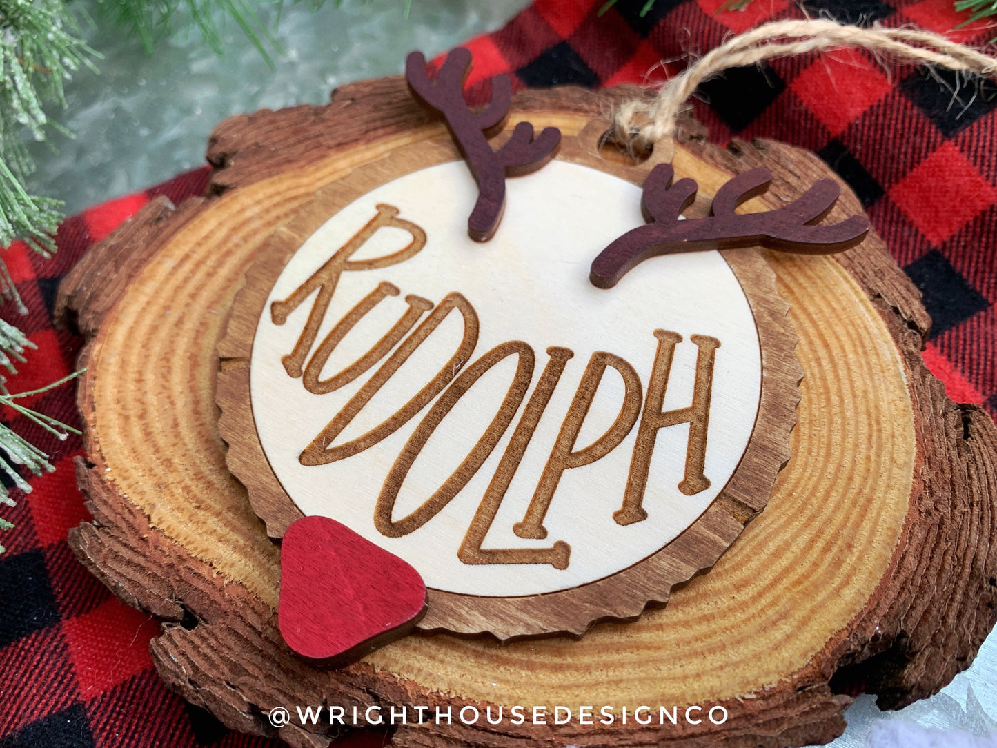 Reindeer Name Wood Slice Rustic Christmas Layered Ornament Set - Quick Cut and Engrave - Cut File For Glowforge Lasers - Digital SVG File